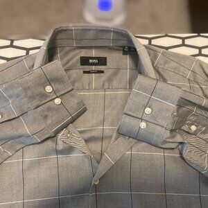 HUGO BOSS Men’s Gray Check Button-Down Shirt – Slim Fit